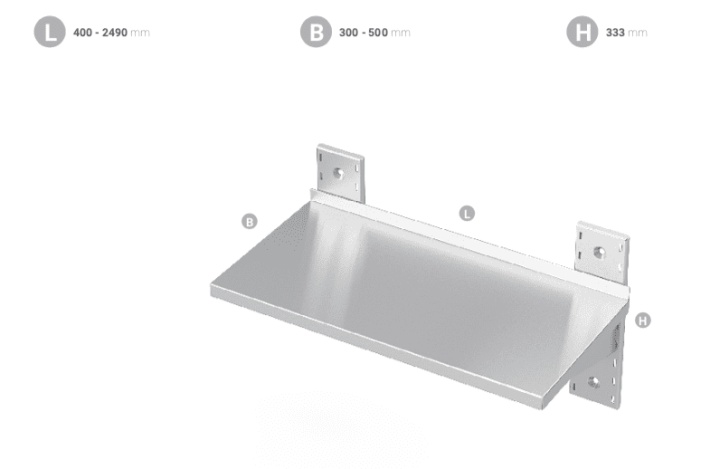 Rostfri vägghylla, enkel - 2600 mm, 400 mm