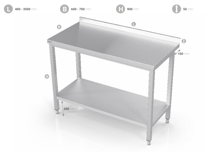 Rostfri bänk med slät underhylla, bredd 650mm, längd 1300mm