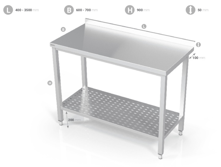 Rostfri bänk med perforerad underhylla, bredd 650mm, längd 1300mm